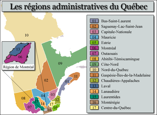 Carte des 17 régions administratives du Québec
